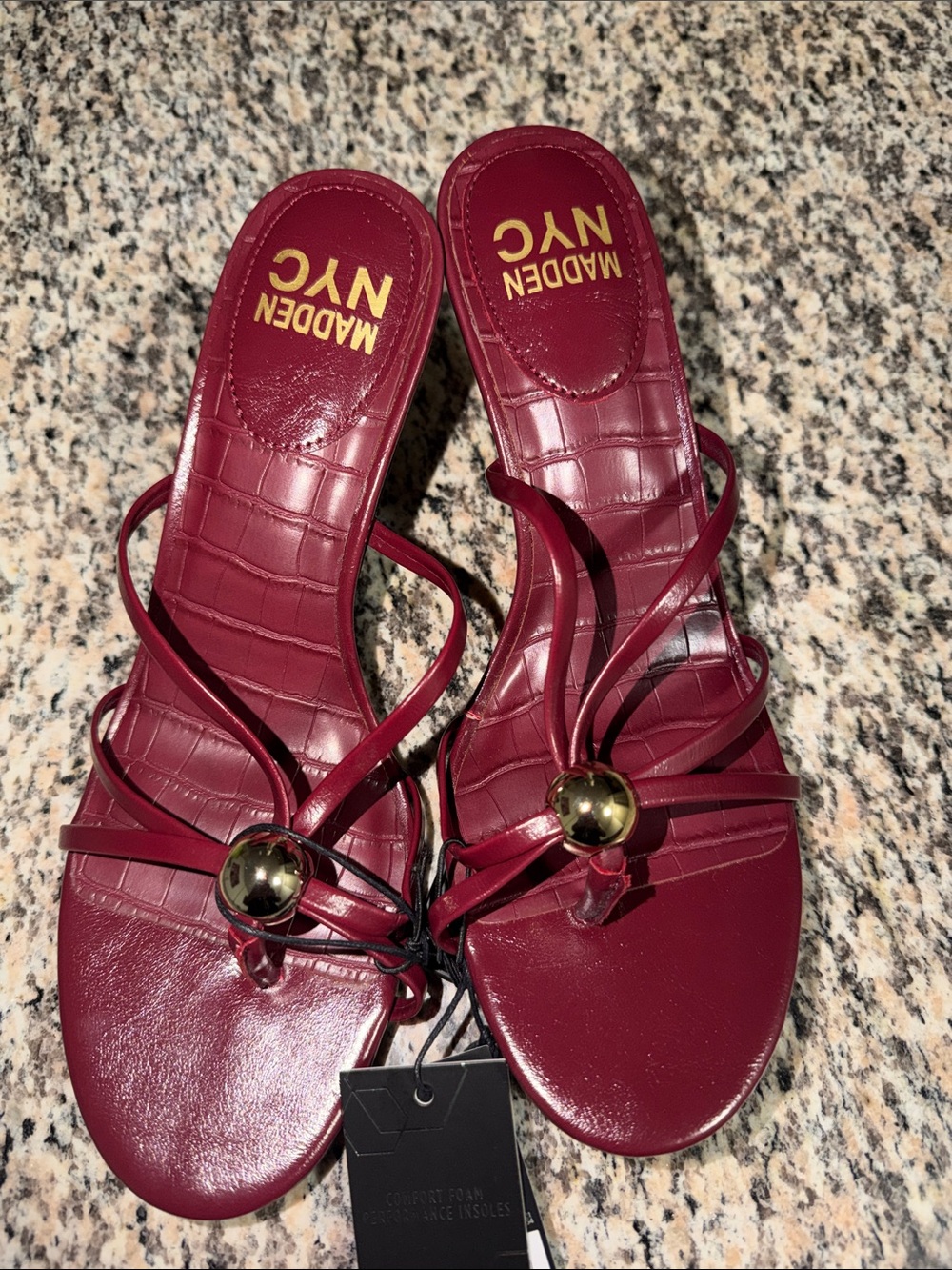 MADEWELL NYC Women's Burgundy Strappy Heeled Sandals with Gold Accent